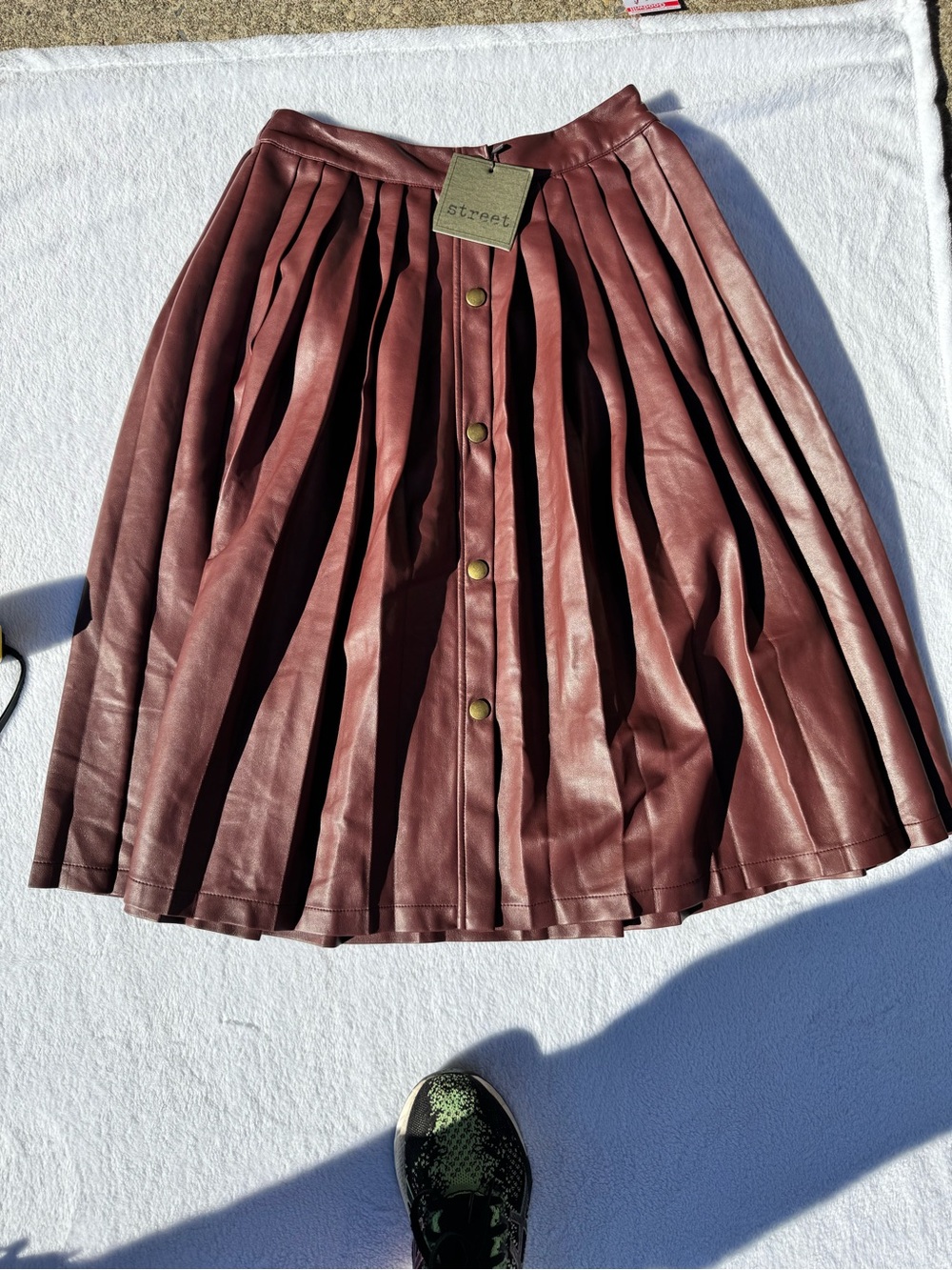 Faux Leather Pleated Circle Skirt in Burgundy